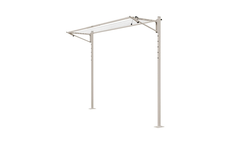 Austral Slenderline 16 folding clothesline in Dune, free-standing on a plated ground mount kit for hard surfaces