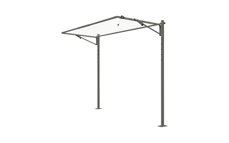 Austral Compact folding clothesline in Woodland Grey, free-standing on a plated ground mount kit for hard surfaces