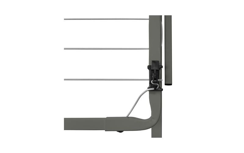 Close-up of the tension lock on an Austral folding clothesline in Woodland Grey