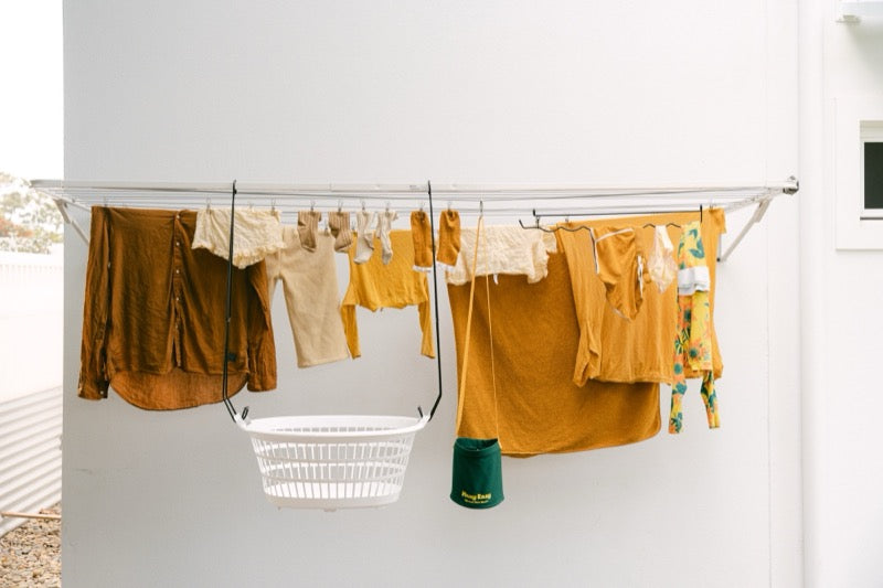 Hang Easy Basket Hangers, Undie Hanger and Peg Bag on a clothesline
